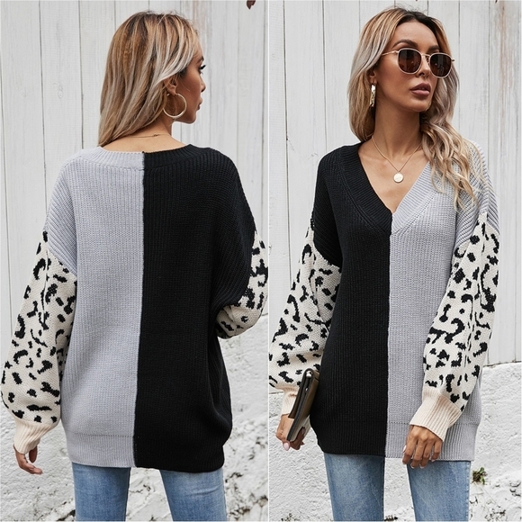 Melody Leopard Colorblock Sweater  - Gray - Picture 2 of 12